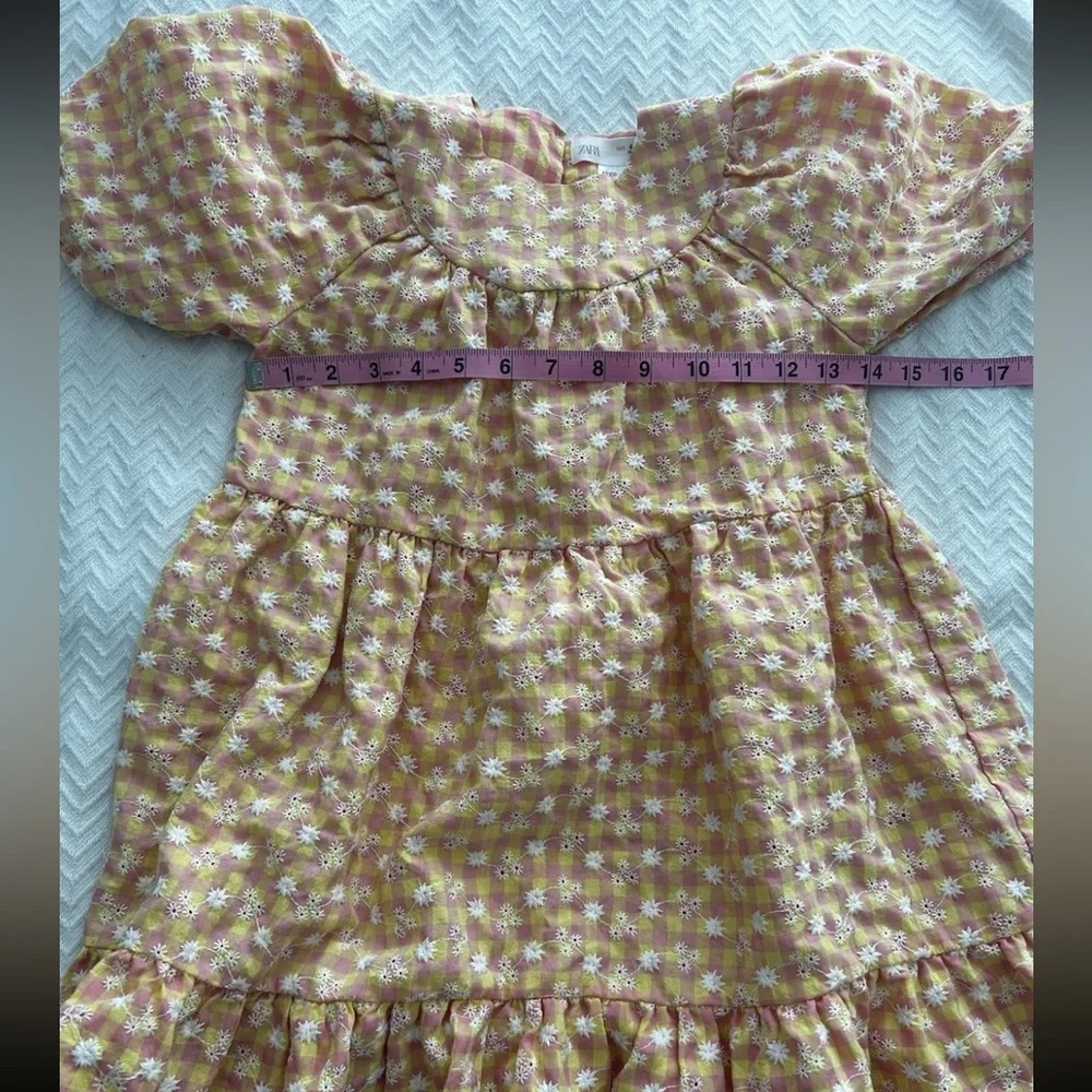 Zara Dress Girls Size 4-5yrs Yellow Pink Gingham Floral Embroidery Easter Spring